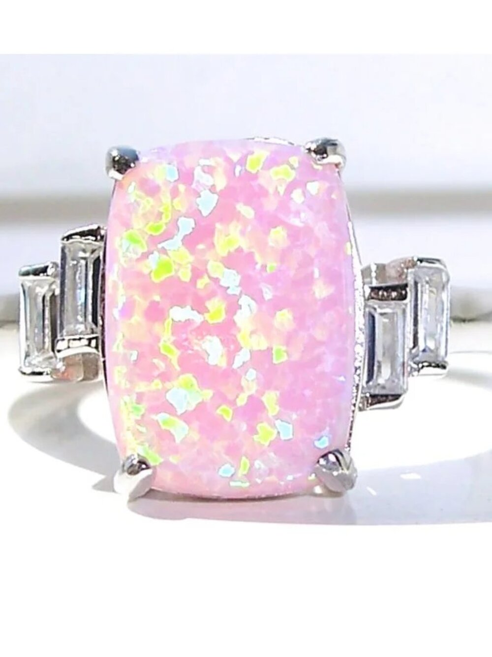 925 STERLING SILVER Lab Created Pink Fire Opal Cubic Zirconia Ring - Picture 1 of 16